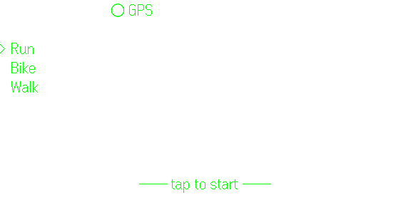 Glasses showing activity selection: Run, Bike, Walk