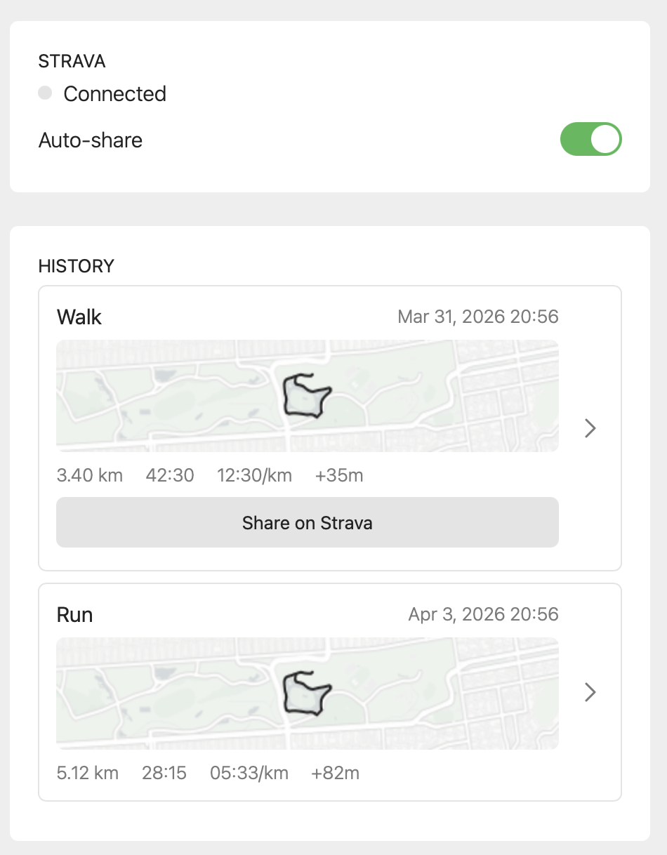 Activity history list with Strava integration