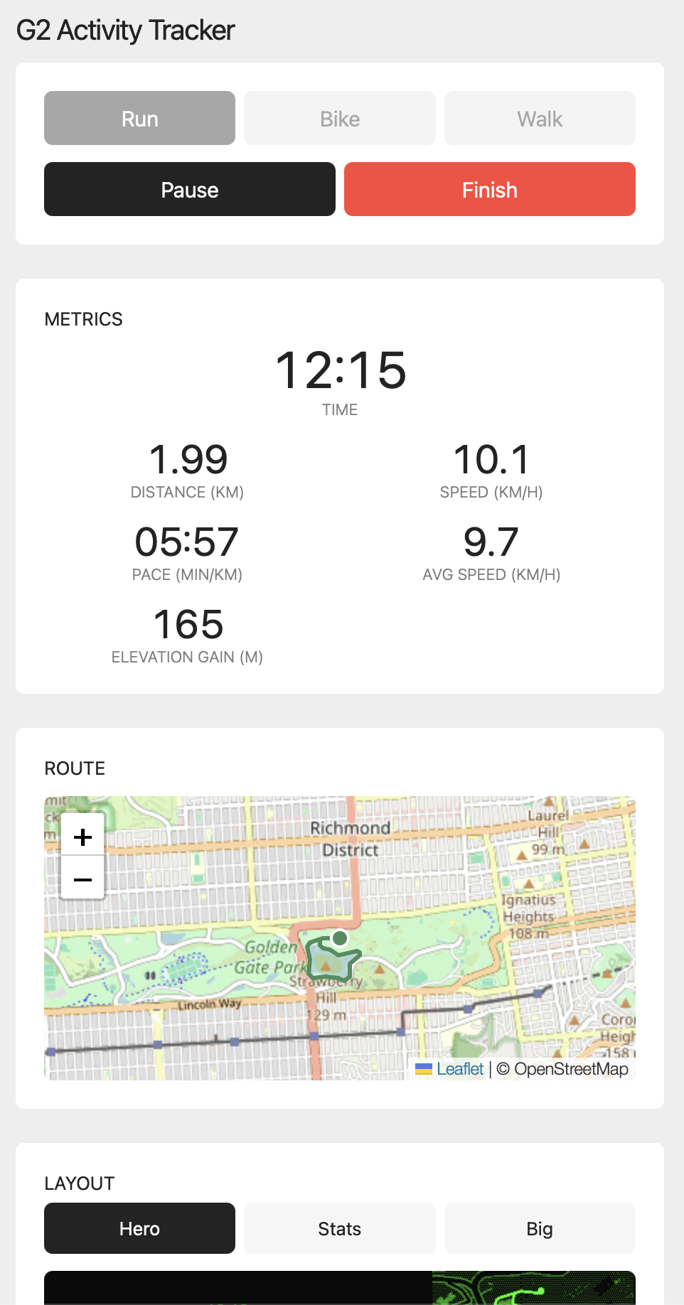 Phone showing live tracking with metrics and route map