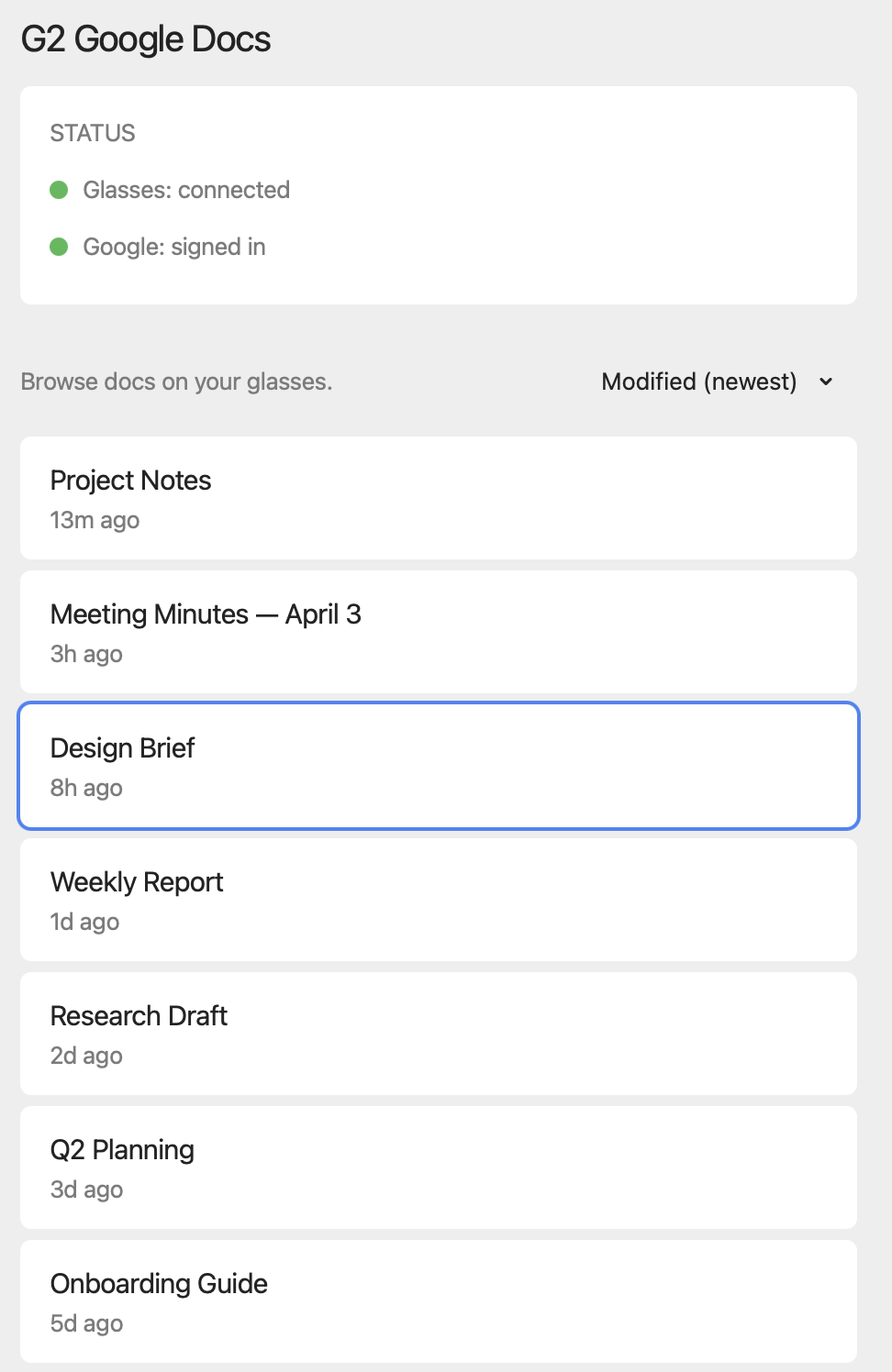 Phone app showing Google Docs list