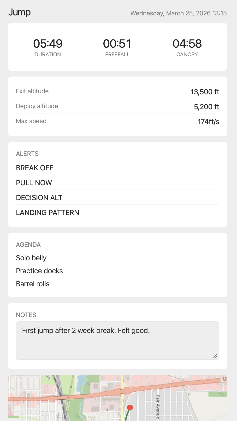 Phone screen showing detailed jump data including altitude, speed, alerts, and notes