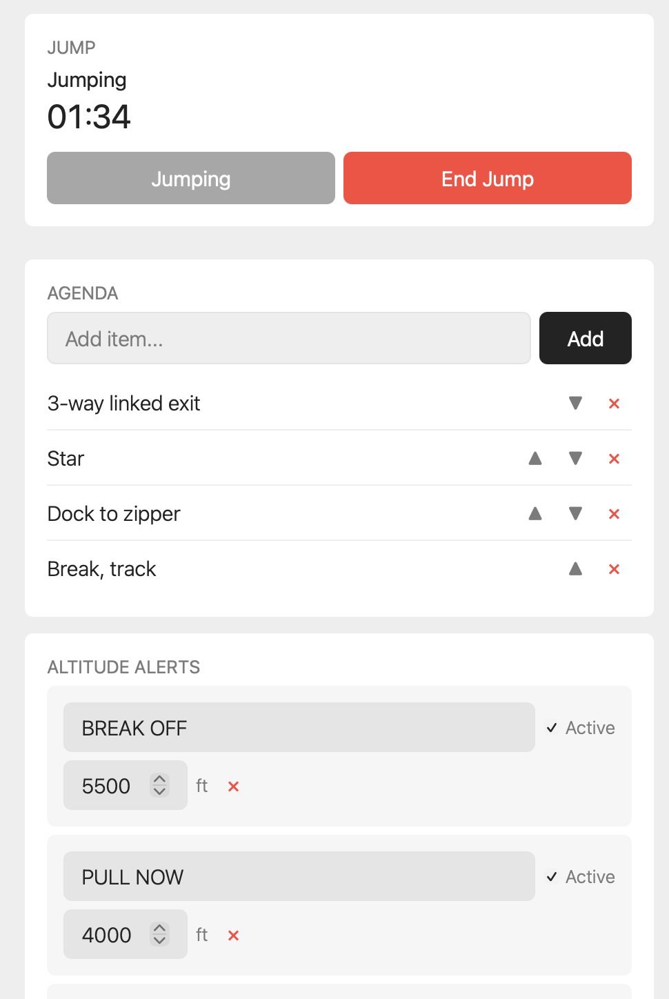 Phone screen showing active jump with agenda and alert configuration