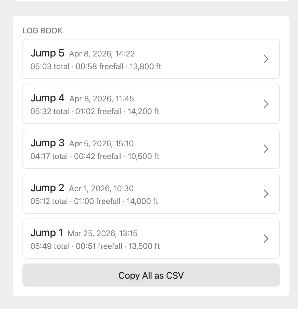Phone screen showing log book with list of past jumps